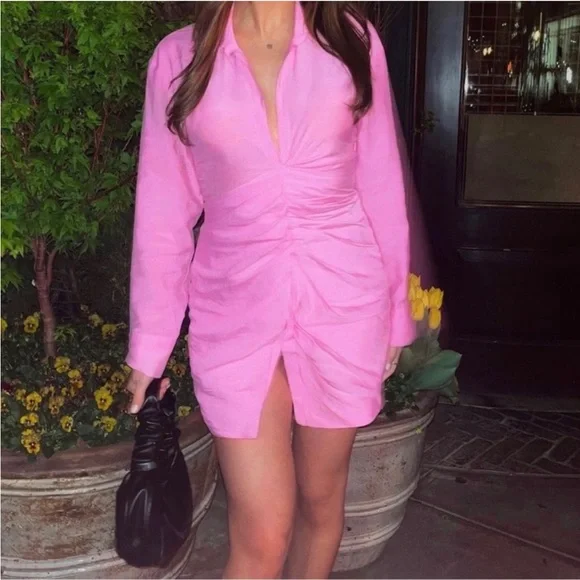 Zara long sleeves pink v neck mini dress — collared blazer style ruched detail - Picture 10 of 10